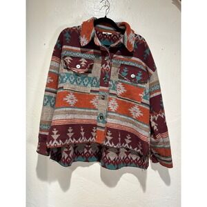 La Miel  Southwestern Aztec Print Shacket oversized Frayed Hem Women Small